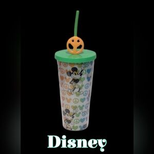 DISNEY Mickey Mouse Peace and Love Tumbler with Straw for Adults, Green Lid